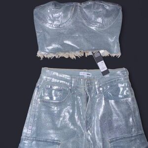Silver Metallic Crop Top and Pants Set